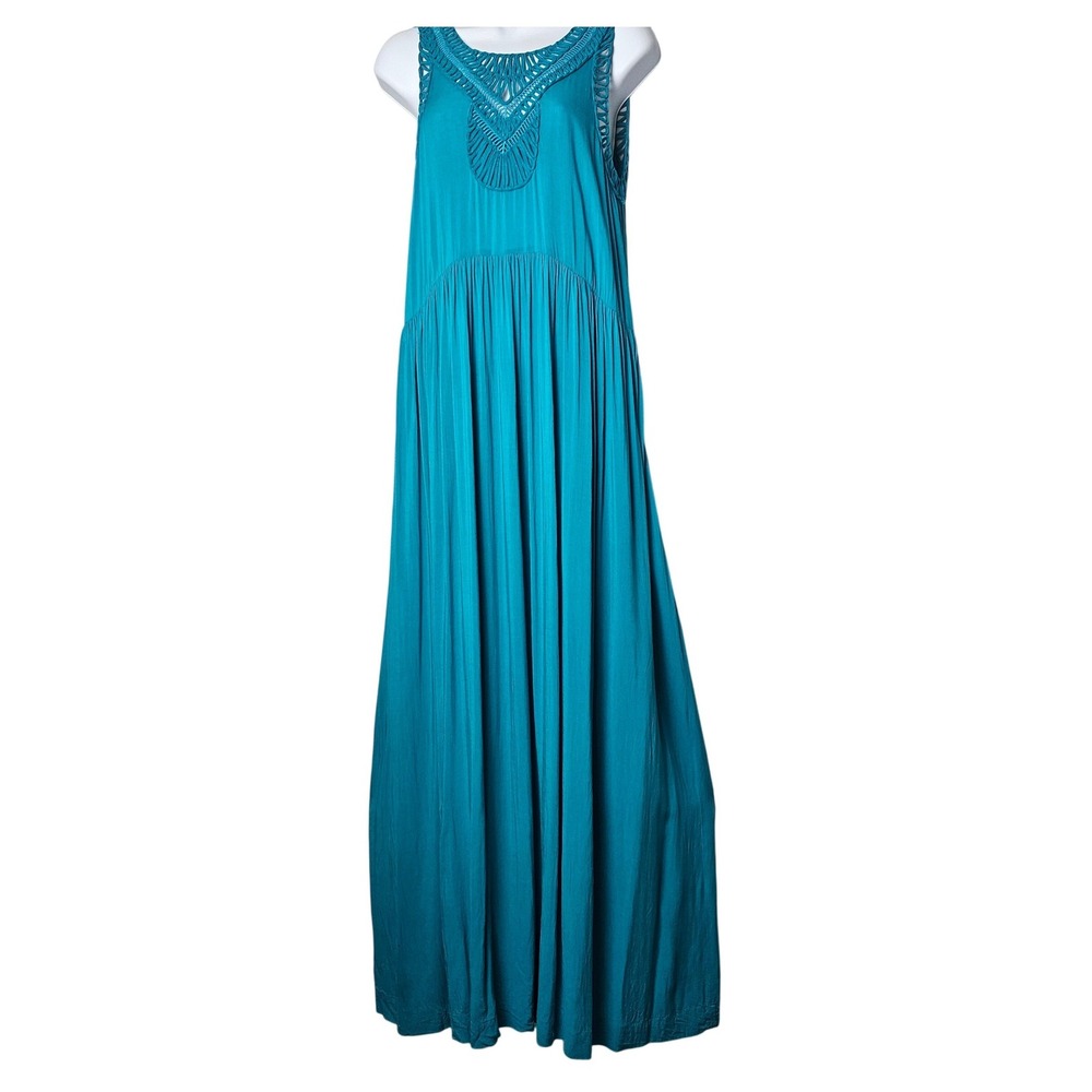 Anthropologie Mermaid Teal Crochet Maxi Dress Womens S Rayon‎ Boho Beach